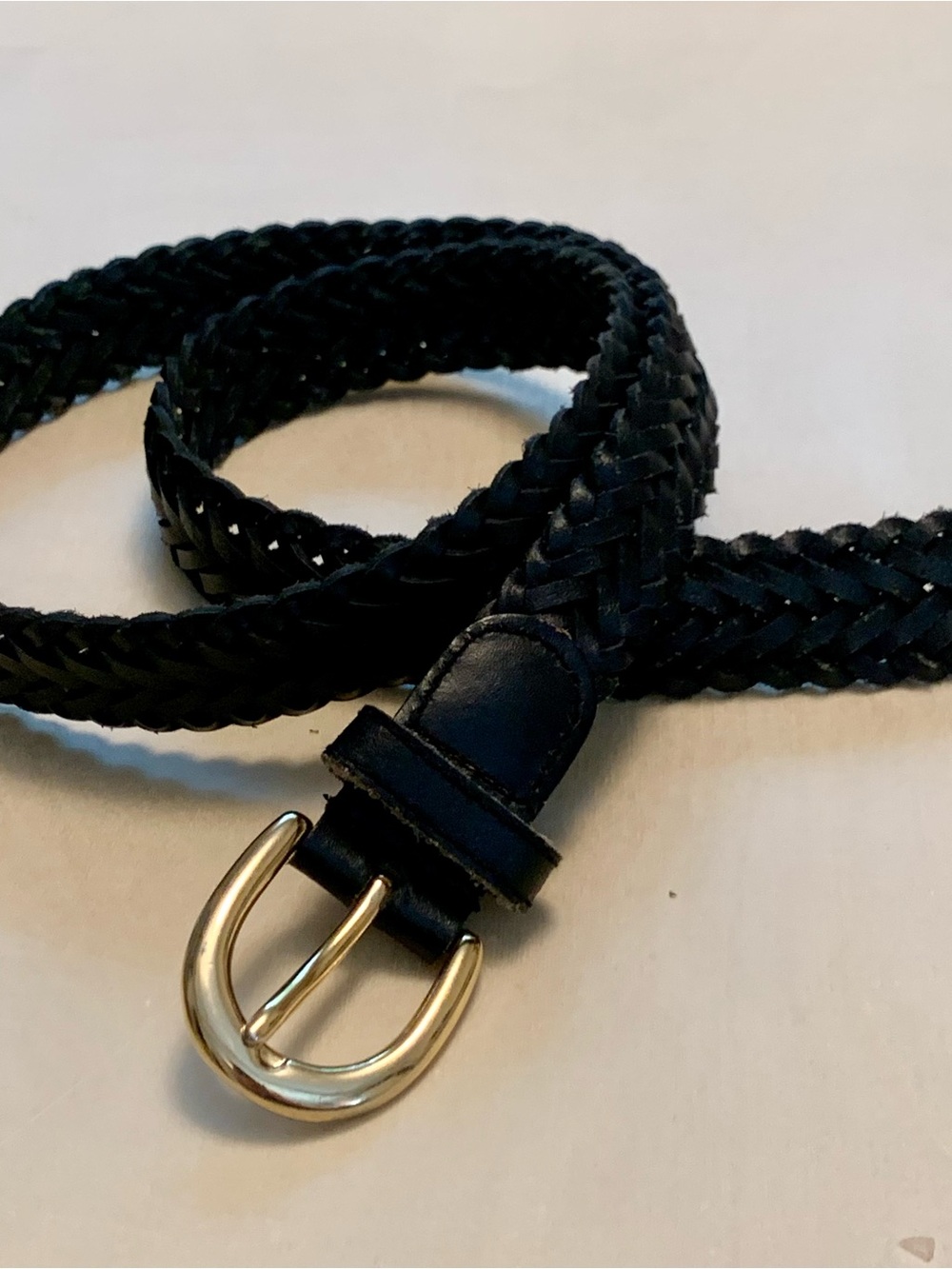 Woven Black Leather Belt with Gold Buckle - Women’s Size Large (28-30)